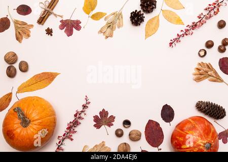 Composition du jour de Thanksgiving ou de l'automne d'Halloween à partir de citrouilles, de cônes de pin, de noix et de feuilles colorées. Décoration festive avec espace pour le photocopie Banque D'Images