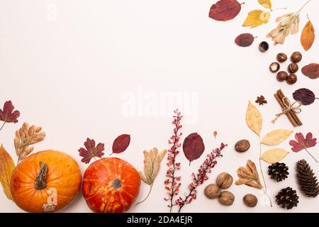Composition du jour de Thanksgiving ou de l'automne d'Halloween à partir de citrouilles, de cônes de pin, de noix et de feuilles colorées. Décoration festive avec espace pour le photocopie Banque D'Images
