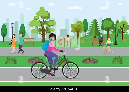 Femme afro-américaine cycliste dans le parc, Illustration de Vecteur