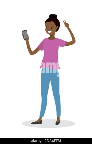 Une jeune femme afro-américaine fait du selfie Illustration de Vecteur