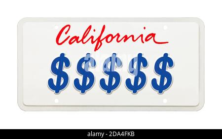 Plaque d'immatriculation californienne avec symboles d'argent imprimés. Banque D'Images