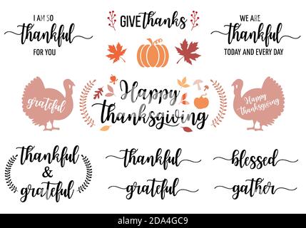 Cartes de Thanksgiving, lettrage à la main et éléments graphiques dessinés à la main, ensemble vectoriel Illustration de Vecteur