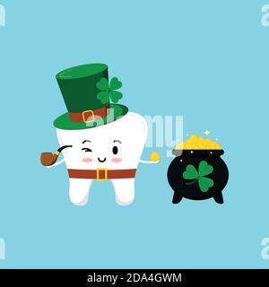 St Patrick adorable dent en costume de lepretchun avec pot d'or. Illustration de Vecteur