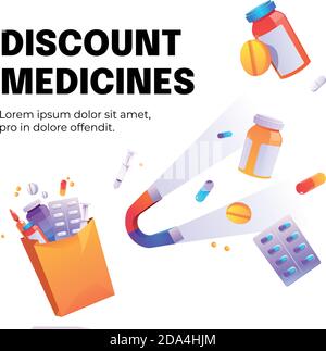 Affiche de dessin animé de médicaments d'escompte avec aimant attirer des médicaments, des seringues et des pilules médicales dans des bouteilles, des ampoules et des cloques. Promotion de rabais sur les prix, soins de santé, vente en pharmacie concept, illustration vectorielle Illustration de Vecteur