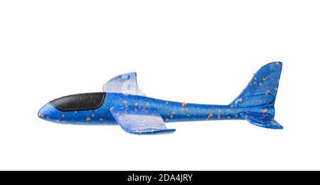 Vue latérale du plan de planeur en mousse bleu isolé sur le blanc Banque D'Images