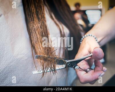 Coiffeur professionnel couper les cheveux. Coupe de cheveux de près. Ciseaux coupant les cheveux. Couper les cheveux depuis un salon de coiffure Banque D'Images