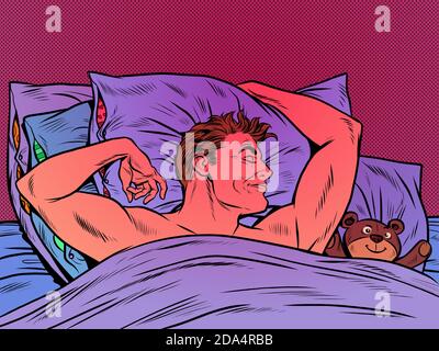 Mignon homme avec un ours en peluche dormant doucement dans le lit Illustration de Vecteur