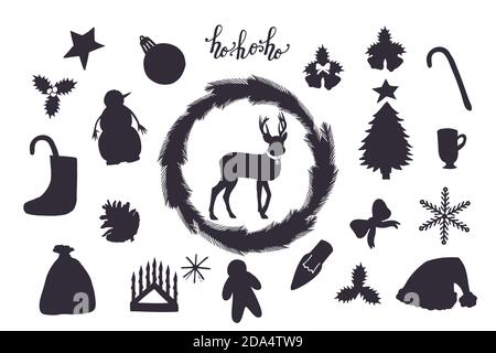 Silhouettes de noël festives, isolées sur fond blanc. Illustration de Vecteur