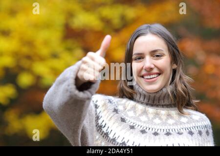 Vue avant d'une femme heureuse portant un chandail avec des pouces en automne Banque D'Images