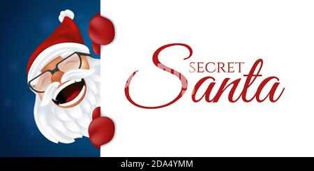 Drôle de dessin animé Père Noël en chapeau rouge, gants et lunettes. Riant personnage de Noël en costume traditionnel peeking de derrière un panneau avec le Secr Illustration de Vecteur