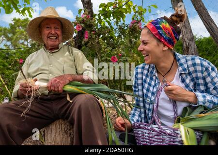 Vieil homme dans un chapeau de paille coupant des légumes assis un journal tandis que sa petite-fille l'aide Banque D'Images