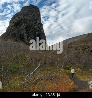 Randonnée femelle en haut d'une colline, randonnée Vesturdalur, Norduthing, région du Nord-est, Islande Banque D'Images
