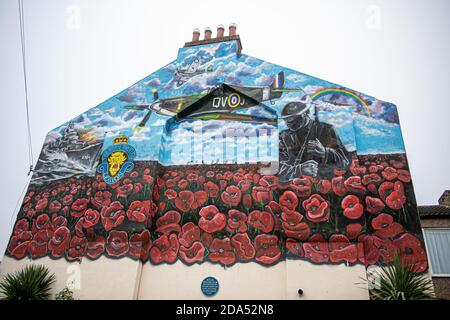 REDCAR, ANGLETERRE. 7 NOVEMBRE 2020. Le pignon d'une maison de Coatham Road, Redcar décoré d'une murale représentant des pappys, un navire, un avion et un soldat pour commémorer les membres de l'armée, de la marine et de l'armée de l'air qui ont perdu la vie au service de leur pays (Credit: Trevor Wilkinson | MI News) Banque D'Images