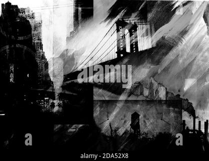 Pont de Manhattan. Peinture noir et blanc. Rendu 3D Banque D'Images