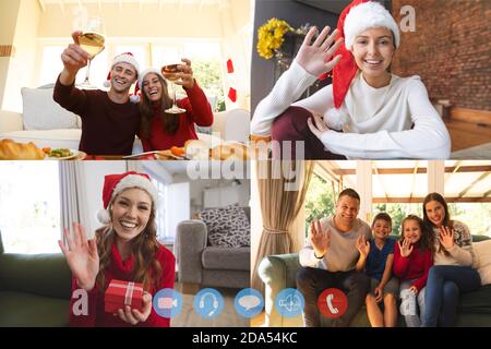 Quatre écrans montrant les personnes qui ont des chats vidéo de noël. Famille et amis à la maison Banque D'Images