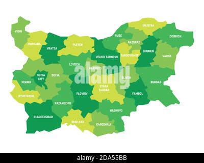 Carte politique verte de la Bulgarie. Divisions administratives - États. Carte vectorielle plate simple avec étiquettes. Illustration de Vecteur
