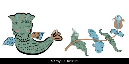 Carte vectorielle avec oiseau folklorique traditionnel avec fleur sur blanc arrière-plan Illustration de Vecteur