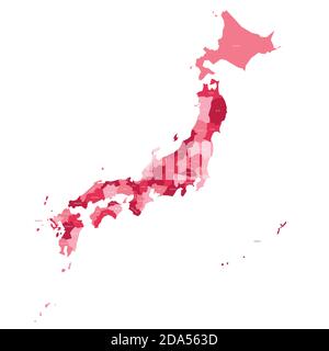 Carte politique rose du Japon. Divisions administratives - préfectures. Carte vectorielle plate simple avec étiquettes. Illustration de Vecteur