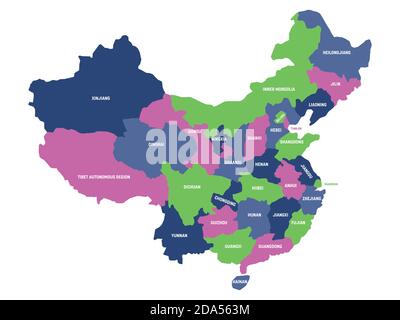 Carte politique colorée de la Chine. Divisions administratives - provinces. Carte vectorielle plate simple avec étiquettes. Illustration de Vecteur