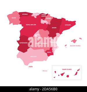 Carte politique rose de l'Espagne. Divisions administratives - communautés autonomes. Carte vectorielle plate simple avec étiquettes. Illustration de Vecteur
