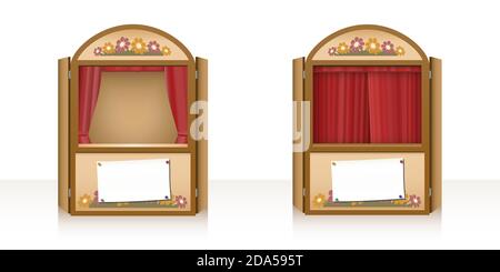 Théâtre de marionnettes avec rideau ouvert et fermé et une bannière d'annonce de mise en scène vierge. Stand de punch et judy, pièce de théâtre pour les enfants. Banque D'Images