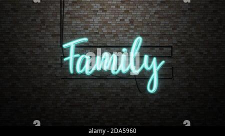 Le message « Family » néon lumière sur mur brique bakground Banque D'Images