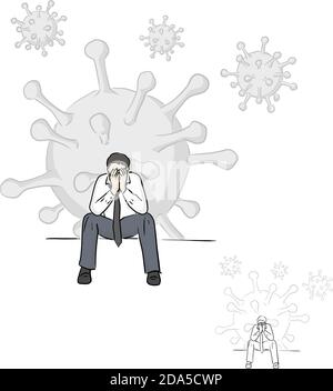 L'homme d'affaires a perdu un emploi en raison de l'illustration du vecteur d'épidémie du virus Covid-19 dessinez à la main le boutre avec des lignes noires isolées sur du blanc arrière-plan Illustration de Vecteur