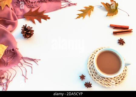 Étaler à plat d'automne avec une tasse de cacao ou de café, de l'anis étoilé, des bâtons de cannelle, des feuilles mortes et du châle rose sur fond blanc Banque D'Images