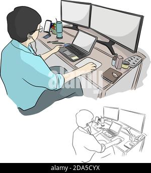 illustration vectorielle d'un homme d'affaires travaillant sur un ordinateur de bureau et un ordinateur portable dessinez à la main le boutre avec des lignes noires isolées sur du blanc arrière-plan Illustration de Vecteur