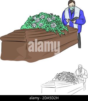 Prêtre avec masque chirurgical donnant un service funéraire à Covid-19 illustration vectorielle de situation esquisse doodle main dessinée isolée sur blanc arrière-plan Illustration de Vecteur