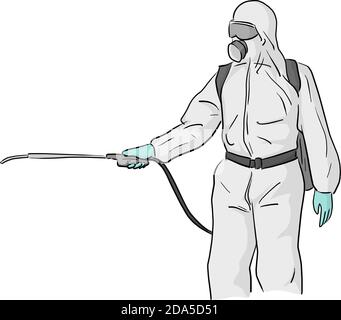 Homme dans un costume de protection du corps entier nettoyant le virus COVID-19 dessin d'illustration vectorielle doodle dessiné à la main et isolé sur fond blanc Illustration de Vecteur