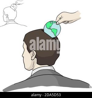 mettez à la main la pièce de monnaie de terre à la tête du vecteur d'homme d'affaires illustration esquisse de l'oodle à la main, isolée sur fond blanc Illustration de Vecteur