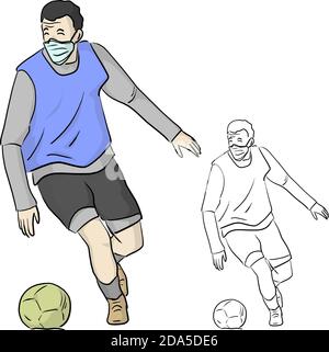 soocer joueur avec l'entraînement de masque médical dans le terrain de football à Prévenir Covid-19 vecteur de virus illustration esquisse Doodle main dessiné avec lignes noires isola Illustration de Vecteur