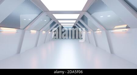 couloir de bateau spatial au design futuriste blanc et aux reflets 3d illustration du rendu Banque D'Images