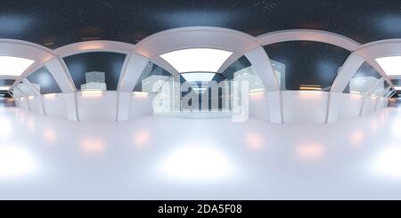 couloir panoramique complet de 360 bateaux avec design blanc futuriste et l'illustration du rendu 3d des réflexions Banque D'Images
