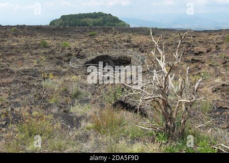 Une des trois Grottes d'Ange, semblable à un chaudron, au milieu de la lave aride de 1651 sur le sentier de marche du Mont Egito au Mont Scavo dans le Parc Etna, Sicile Banque D'Images