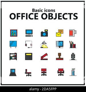 Ensemble modifiable d'icônes colorées d'objets de bureau Illustration de Vecteur