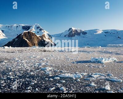 Des montagnes recouvertes de glace se reflètent dans la glace de la baie de Neko Harbour, en Antarctique. Banque D'Images