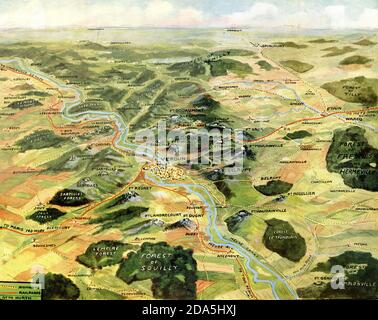 Batailles de Verdun. Cette carte de 1916 montre les batailles qui se sont affrontées aujourd'hui comme la bataille de Verdun. Les lignes jaunes représentent les autoroutes; l'orange, les chemins de fer. Bataille de Verdun, (21 février – 18 décembre 1916), engagement de la première Guerre mondiale dans lequel les Français ont repoussé une importante offensive allemande. Il s'agissait de l'une des batailles les plus longues, les plus sanglantes et les plus féroces de la guerre ; les pertes françaises s'élevaient à environ 400,000, les pertes allemandes à environ 350,000. Quelque 300,000 personnes ont été tuées. Banque D'Images