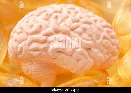 Santé mentale et oméga 3 suppléments d'acides gras concept avec gros plan sur le cerveau humain sur une pile de poissons capsules ou pilules d'huile Banque D'Images