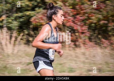 Huntsville, Texas, États-Unis. 9 novembre 2020. Magdalena Torres, de l'école secondaire d'Angleton, participe aux championnats de cross-country de la région III classe 5A de la Ligue interscolastique de l'Université du Texas au parc commémoratif Kate Barr Ross à Huntsville, Texas. Prentice C. James/CSM/Alamy Live News Banque D'Images