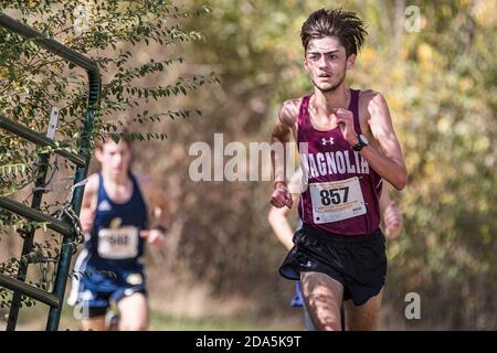 Huntsville, Texas, États-Unis. 9 novembre 2020. Dylan Sequeira de l'école secondaire Magnolia participe aux championnats de cross-country de la région III classe 5A de la Ligue interscolaire de l'Université du Texas (UIL) au parc commémoratif Kate Barr Ross à Huntsville, Texas. Prentice C. James/CSM/Alamy Live News Banque D'Images
