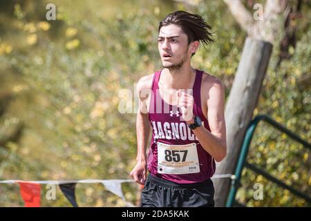 Huntsville, Texas, États-Unis. 9 novembre 2020. Dylan Sequeira de l'école secondaire Magnolia participe aux championnats de cross-country de la région III classe 5A de la Ligue interscolaire de l'Université du Texas (UIL) au parc commémoratif Kate Barr Ross à Huntsville, Texas. Prentice C. James/CSM/Alamy Live News Banque D'Images