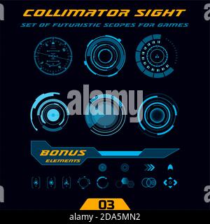 HUD circulaire futuriste. Vues du collimateur militaire, oscilloscopes d'armes. Cibles de sniper et visée des réticules. Éléments pour jeux d'action ou simulateur d'espace Illustration de Vecteur