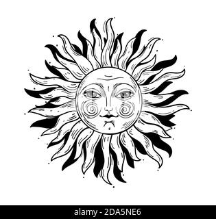 Illustration de style vintage, soleil avec un visage, dessin stylisé, gravure. Élément mystique pour le design en style boho, logo, tatouage. Illustration vectorielle isolée sur blanc Illustration de Vecteur