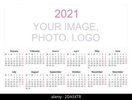 Calendrier 2021. Calendrier mural pour 2021 ans avec un style minimaliste et propre. Modèle de planificateur de conception d'entreprise. La semaine commence le lundi. Ensemble de 12 mois. Illustration de Vecteur