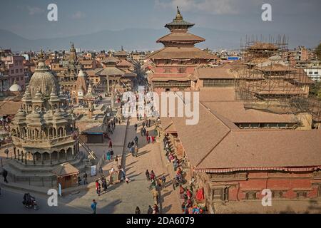 Patan, Népal, janvier 2016. Vue aérienne des temples de Durbar Square. Banque D'Images