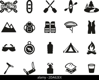 Rafting ou rafting en eau vive Icons ensemble noir et blanc Grande Illustration de Vecteur