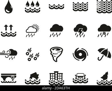 Lot de grandes icônes de pluie et d'inondation noir et blanc Illustration de Vecteur