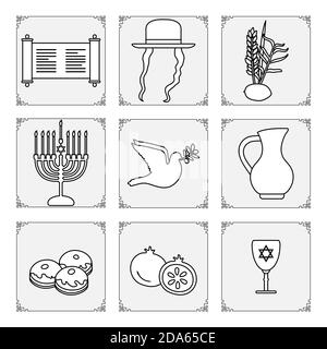 Illustration vectorielle fêtes juives symboles traditionnels Menorah bougies, Torah scroll, cruche d'huile, colombe, beignets, grenade, citron, datte branche de palmier, Illustration de Vecteur